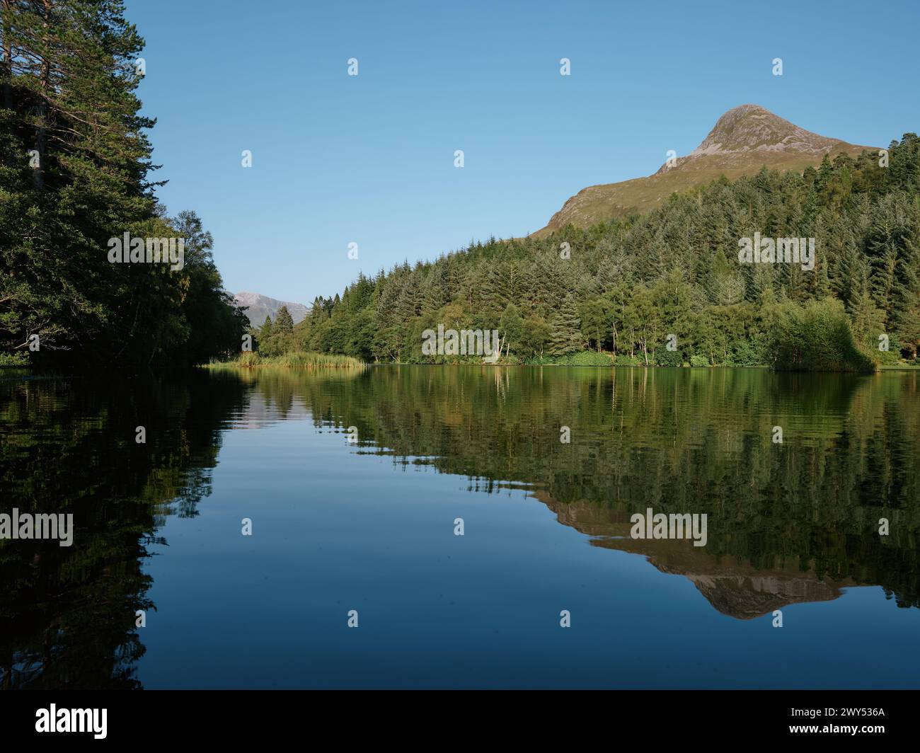 The still water lake of Glencoe Lochan forest in the Scottish Highlands Glencoe Scotland UK - Stock Photo