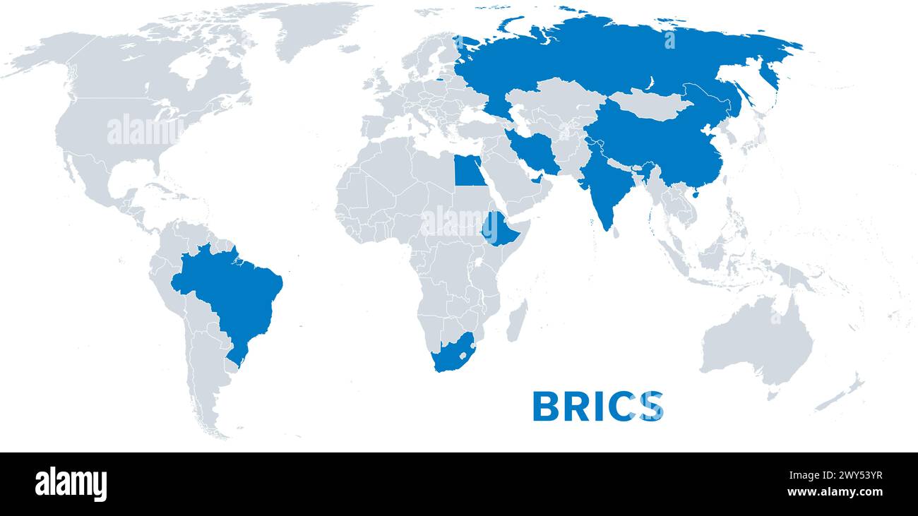 BRICS, with new member states as of 2024, political map. BRICS for Brazil, Russia, India, China and South Africa. Plus Egypt, Ethiopia, Iran, and UAE. Stock Photo