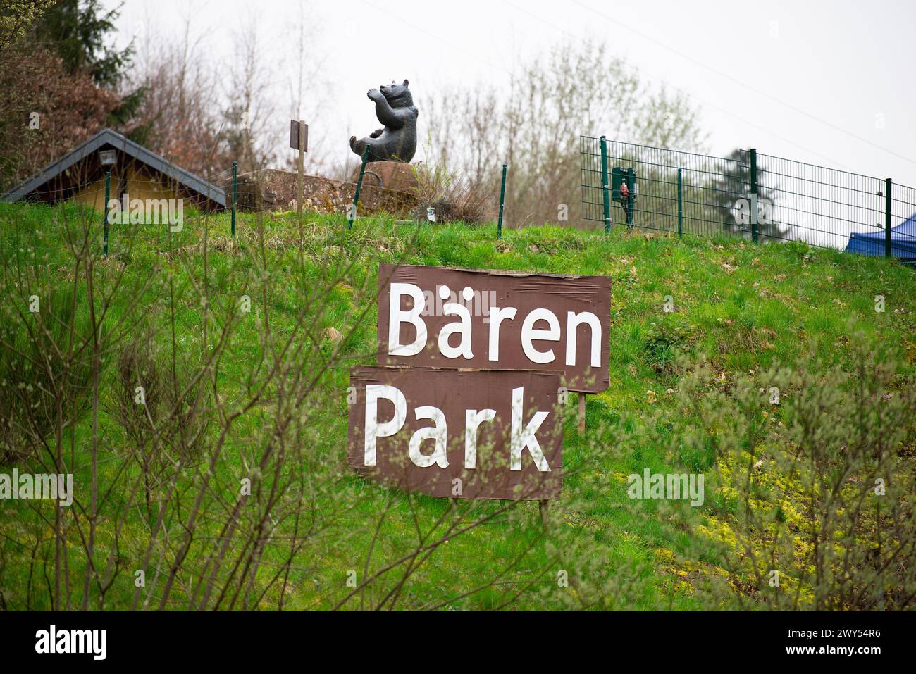 Bear Park sign in Bad Rippoldsau-Schapbach in the black forest, Germany, grizzly rescue station to protect wildlife, animals from captivity Stock Photo