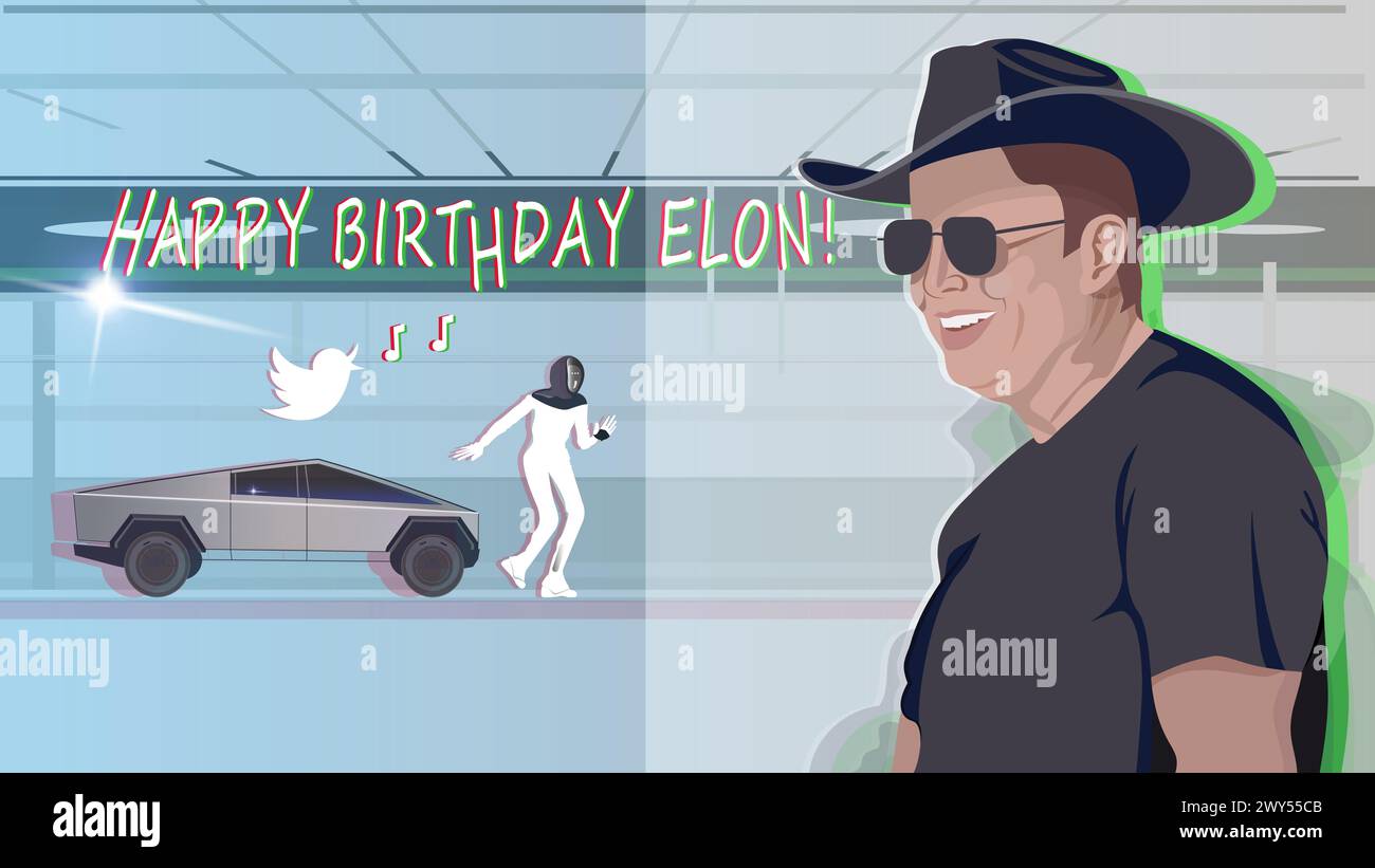 Illustration Elon Musk, Tesla Bot, Twitter logo, Tesla Cybertruck