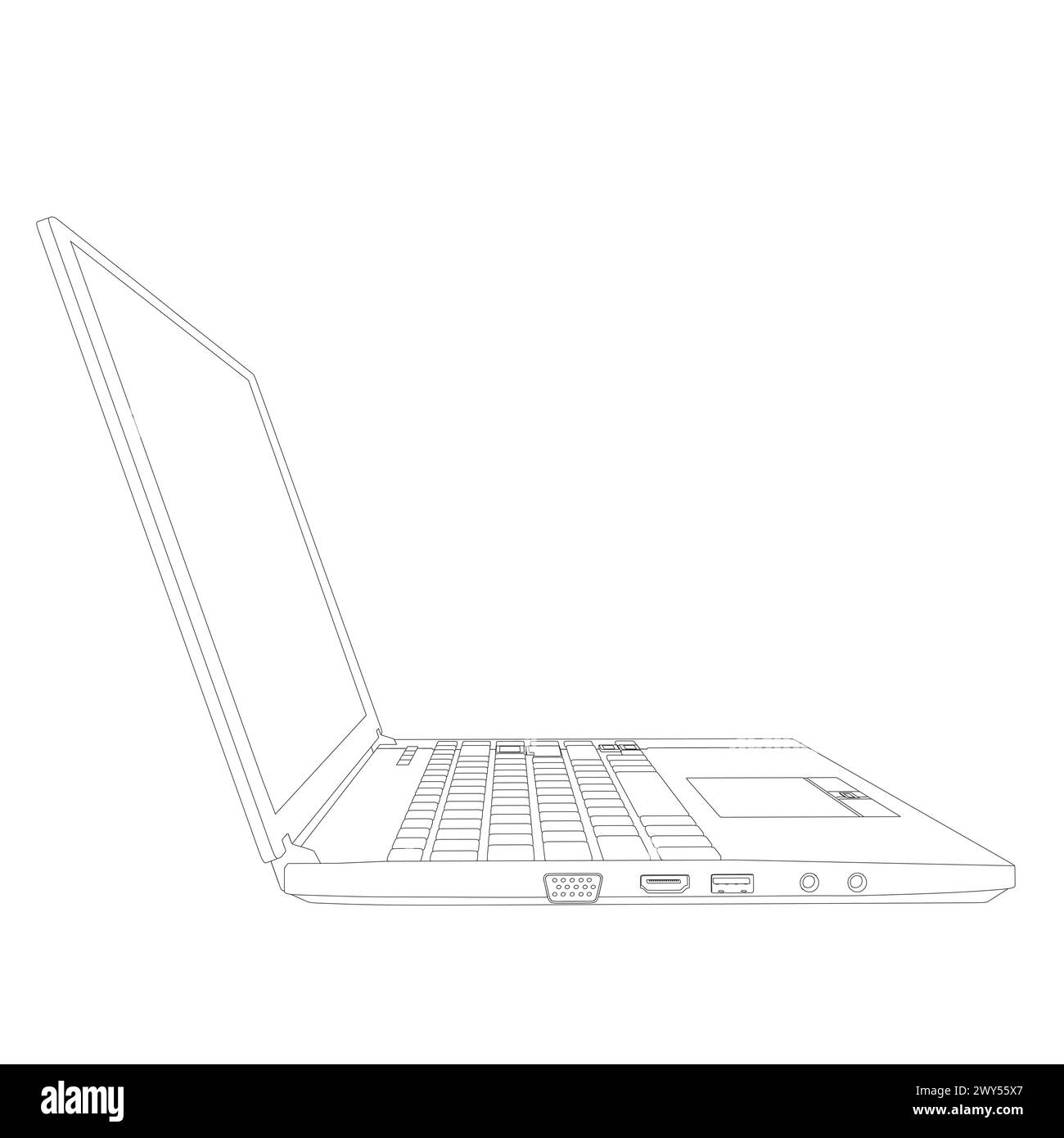 Contour of a laptop isolated on a white background. Vector illustration. 3D. Side view. Stock Vector