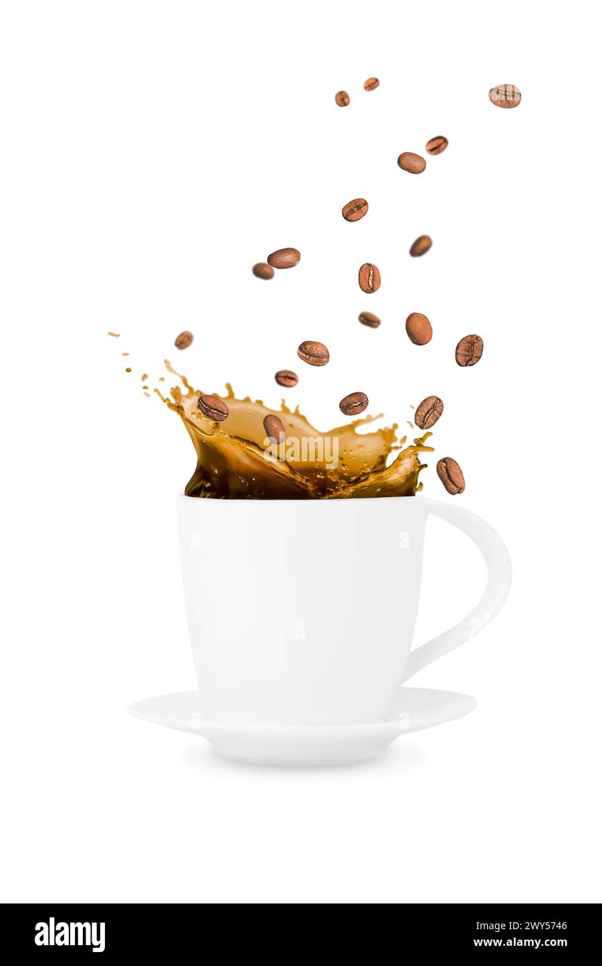 Fragrant coffee with splashes in a cup on a white background isolated Stock Photo