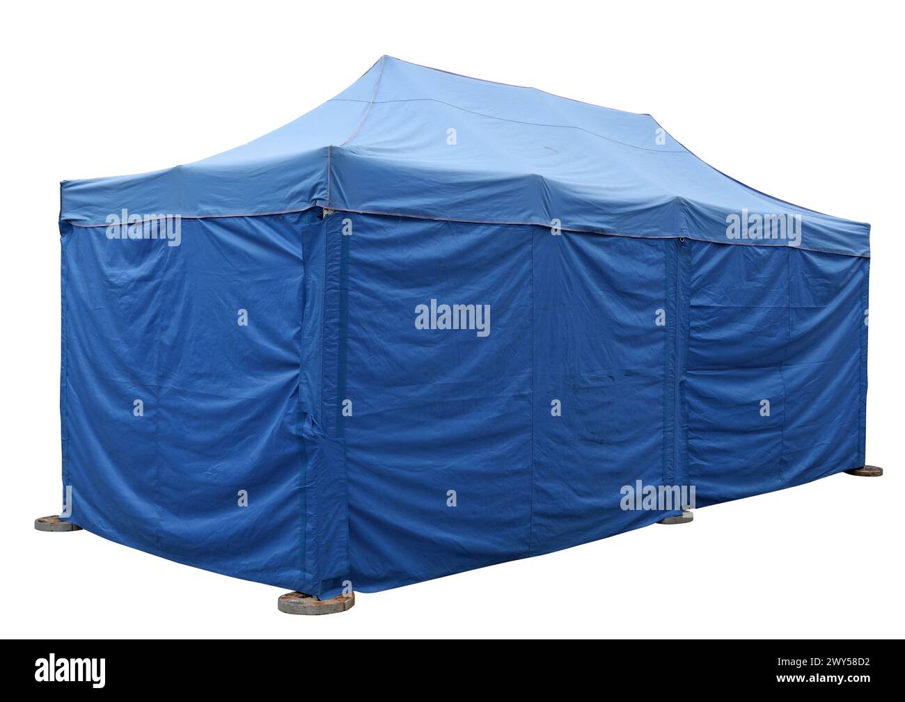 Blue canvas tent for selling food on the street. Isolated on white Stock Photo