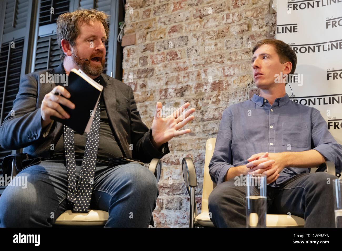 Panel discussion: Russian Propaganda and Disinformation with Mikhail Zygar, Iain Overton, Francis Scarr, and Emma Burrows. At The Frontline Club Stock Photo