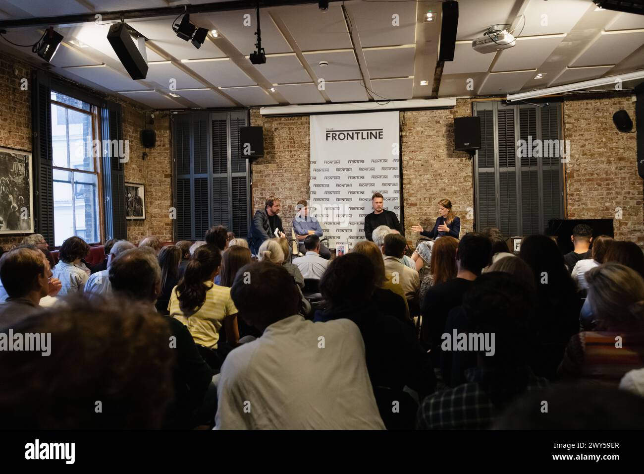 Panel discussion: Russian Propaganda and Disinformation with Mikhail Zygar, Iain Overton, Francis Scarr, and Emma Burrows. At The Frontline Club Stock Photo