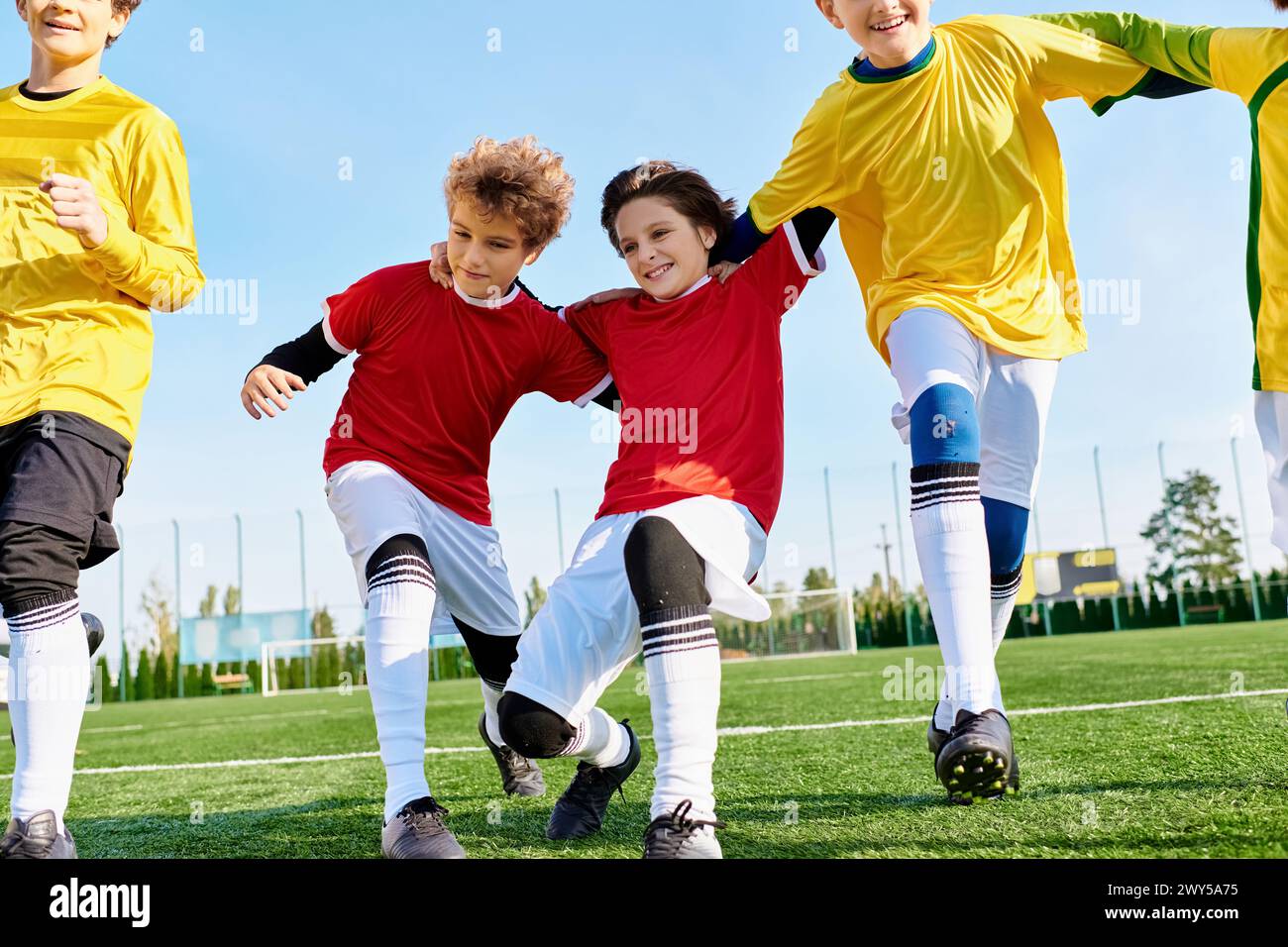 A group of young children in colorful jerseys are running, kicking, and passing a soccer ball on a grassy field under the bright sun. Stock Photo