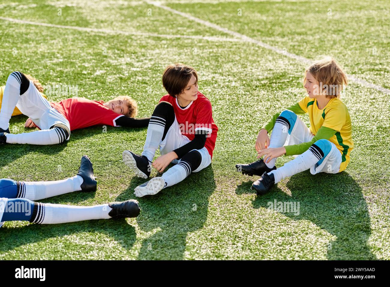 A group of young children gleefully sit atop a vibrant soccer field, chatting and laughing. Their bright energy and playful spirit fill the space with Stock Photo
