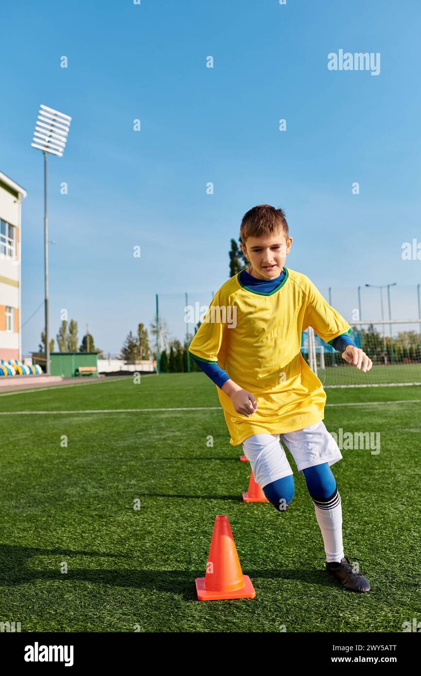 A skilled young boy passionately kicks a soccer ball around a cone, demonstrating impressive control and agility in his movements on the field. Stock Photo