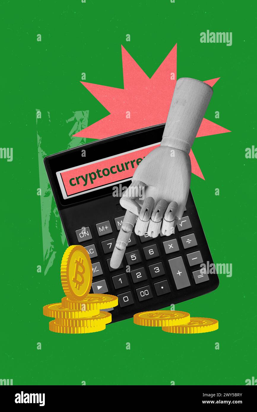 Vertical photo collage of hand point index stack money gold bitcoin  earnings calculator cryptocurrency isolated on painted background Stock  Photo - Alamy