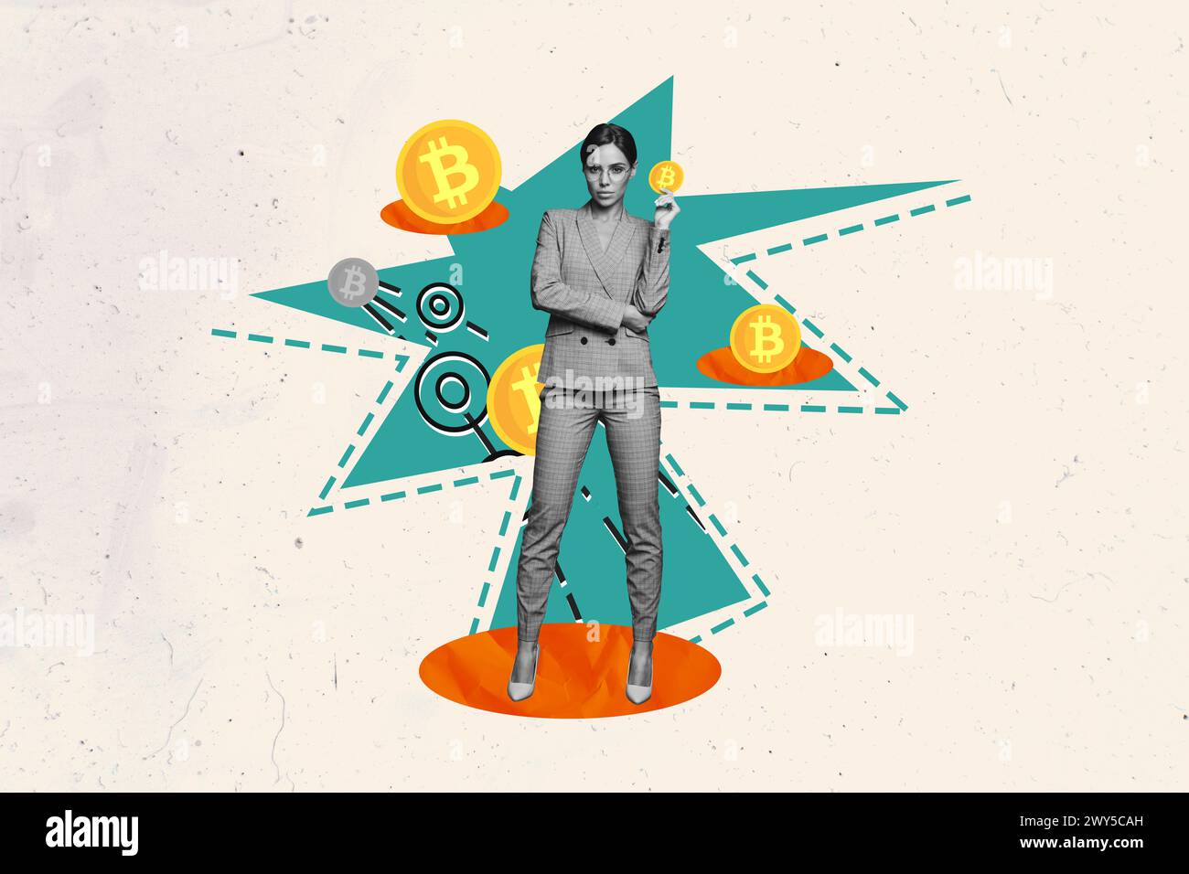 Composite photo collage of serious girl stand bitcoin emblem cryptocurrency  token symbol professional isolated on painted background Stock Photo - Alamy