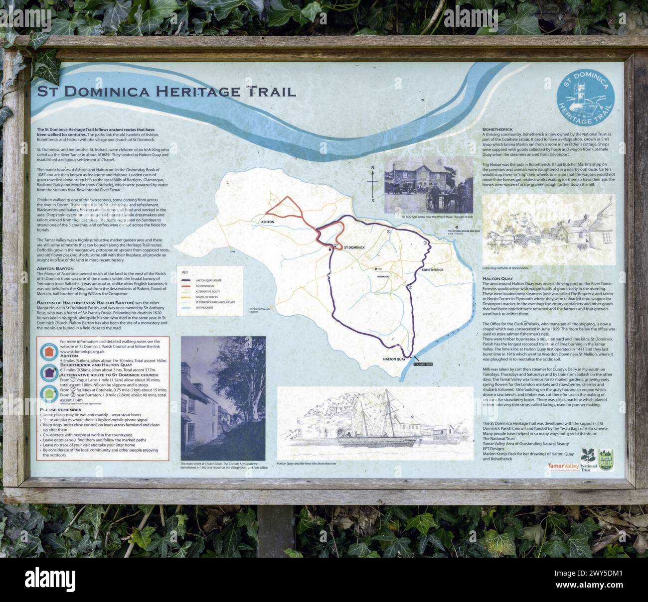 Tourist information board at Halton Quay on the banks of the River Tamar, Cornwall, England, UK, detailing St Dominica Heritage Trail Stock Photo