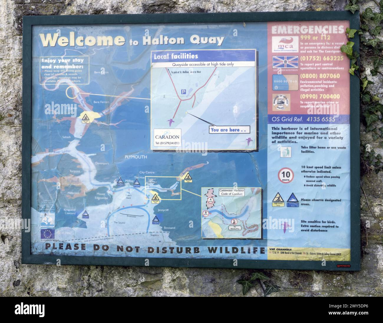 Tourist information board at Halton Quay on the banks of the River Tamar, near St Mellion, Cornwall, England, UK - welcome to board Stock Photo