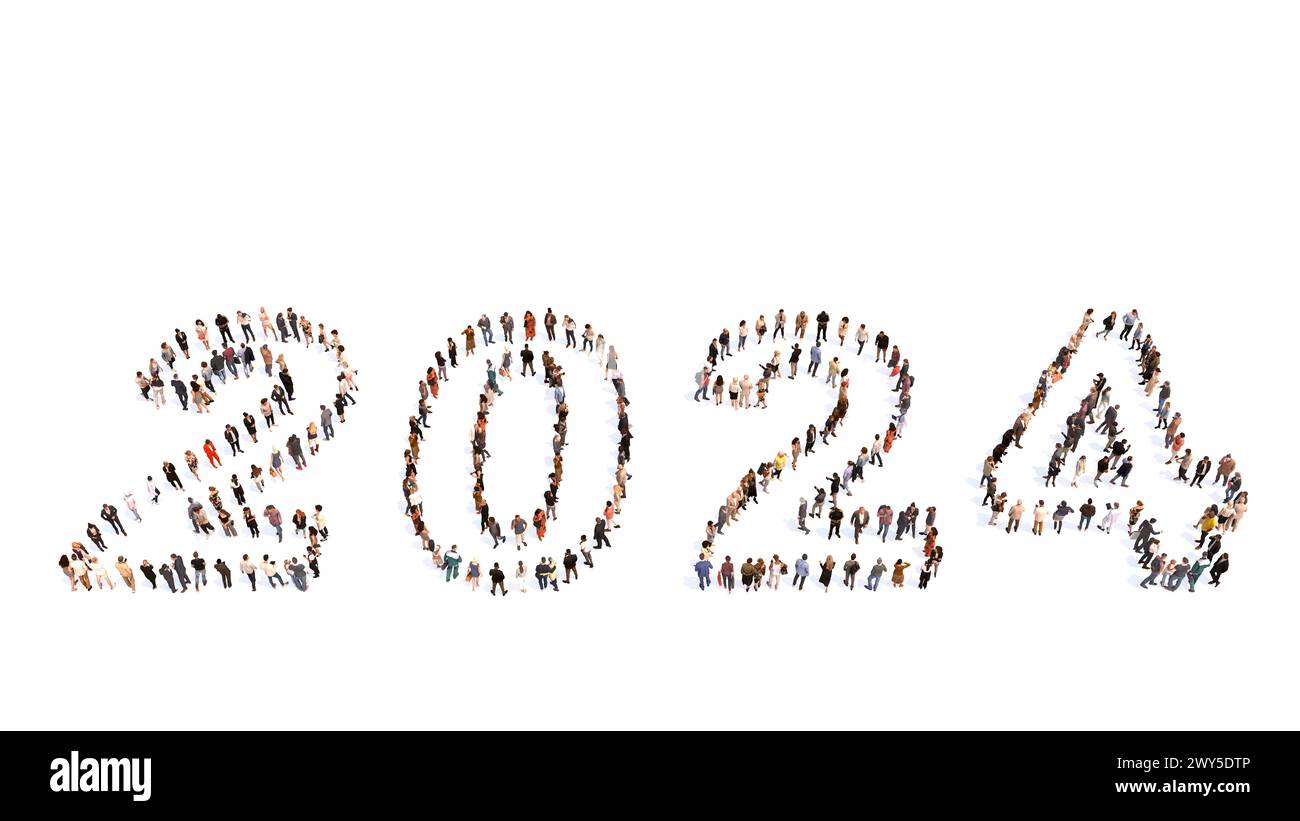 Concept or conceptual large community of people forming 2024 year. 3d illustration metaphor for celebration, festive, party, hope, future, prosperity, Stock Photo