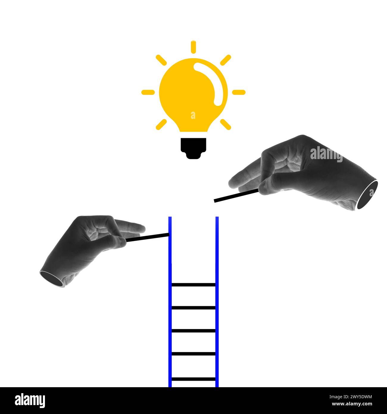 Human hand building ladder to glowing lightbulb. Stepping up to