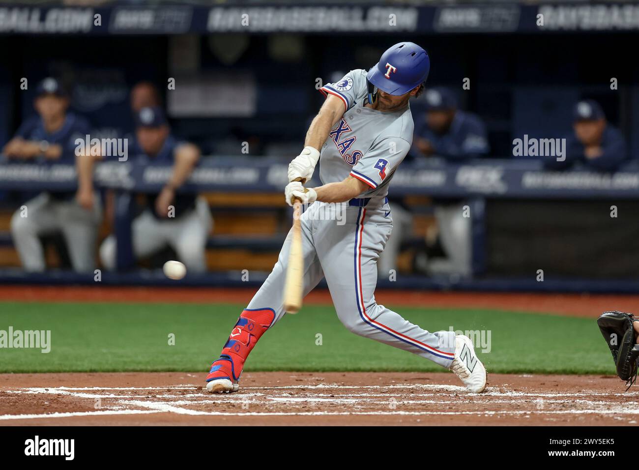 St. Petersburg, FL: Texas Rangers shortstop Josh Smith (8) flies out to ...