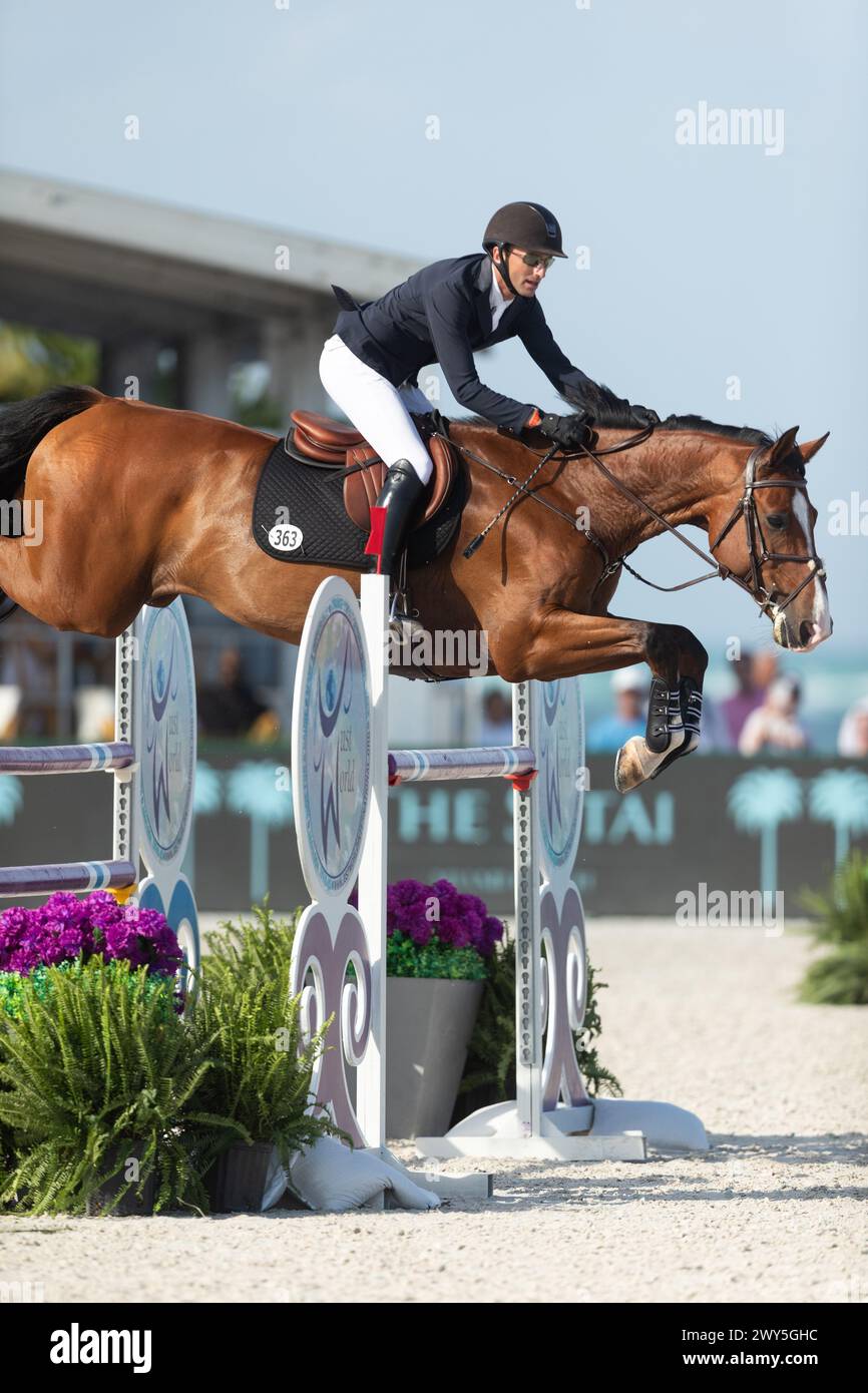 Riders and their horses compete at the Longines Global Champions League event in Miami Beach, Florida, USA. Stock Photo