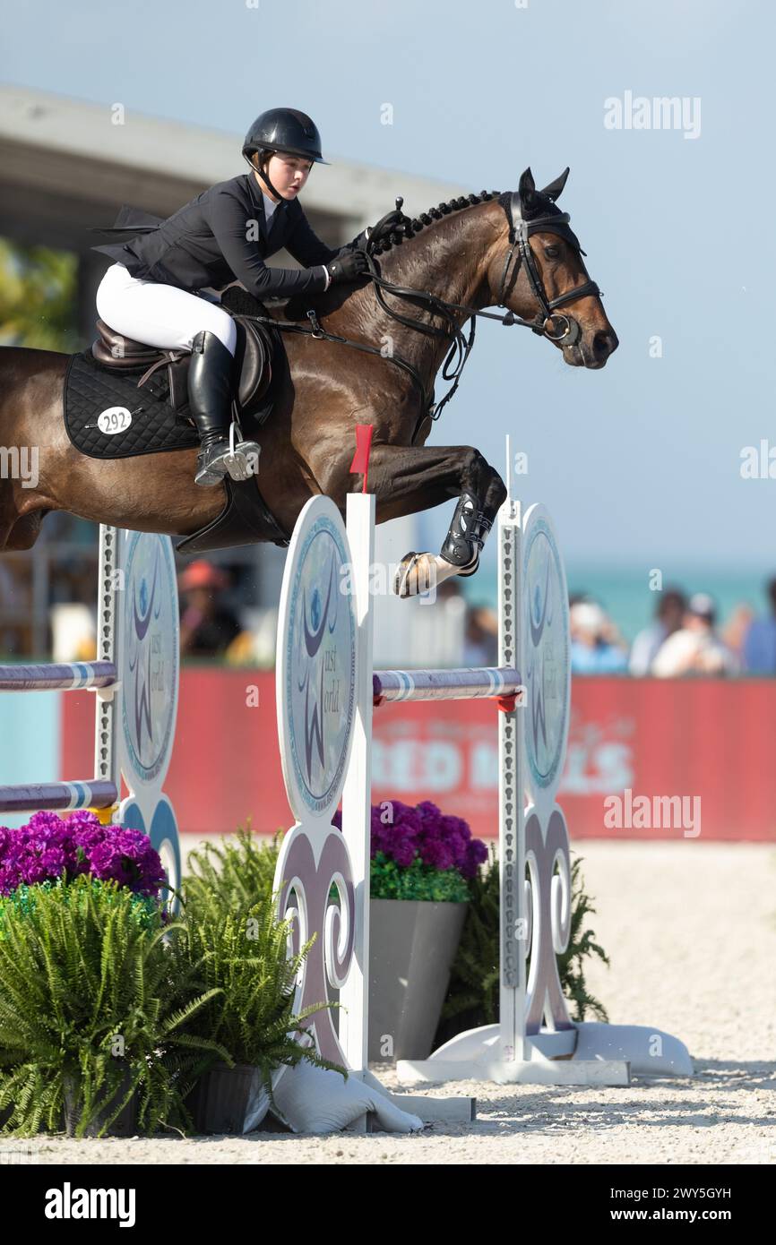 Riders and their horses compete at the Longines Global Champions League event in Miami Beach, Florida, USA. Stock Photo