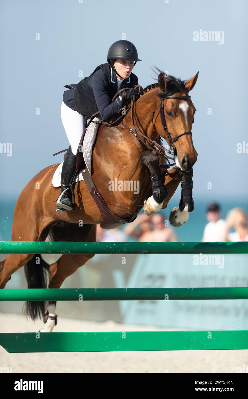 Riders and their horses compete at the Longines Global Champions League event in Miami Beach, Florida, USA. Stock Photo