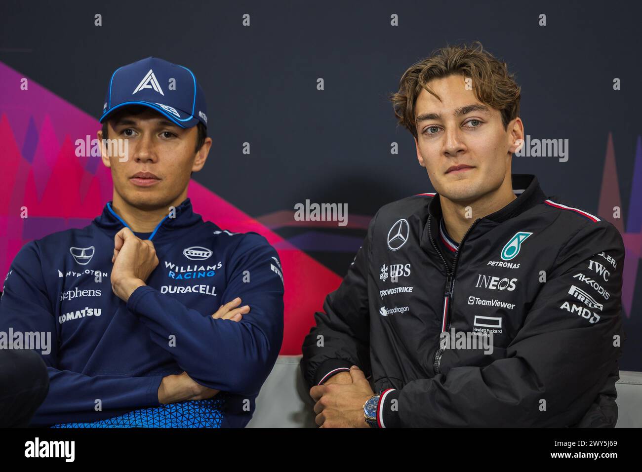 Suzuka Circuit, Mie, Japan. 4.April.2024; George Russell and Alex Albon attends the press conference during Formula One Japanese Grand Prix Stock Photo