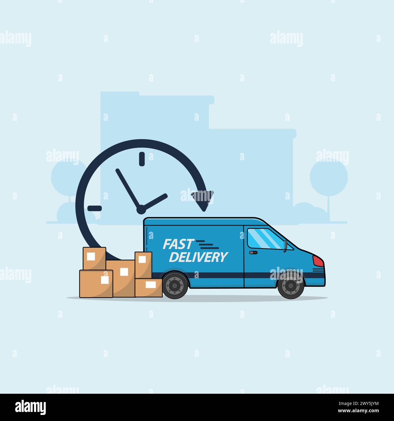 Delivery Car with Boxes and Stopwatch Vector Illustration. Fast Delivery Concept Design Isolated. Flat Design Stock Vector