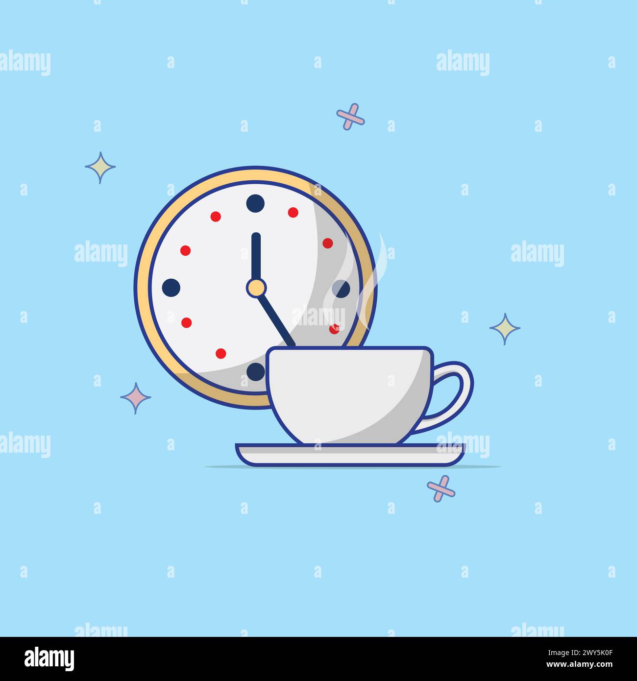 Cup of Coffee and Clock Vector Illustration Creative Concept. Modern Life Style, Coffee Time, Coffee Break Concept. Morning Awakening Coffee Time Flat Stock Vector
