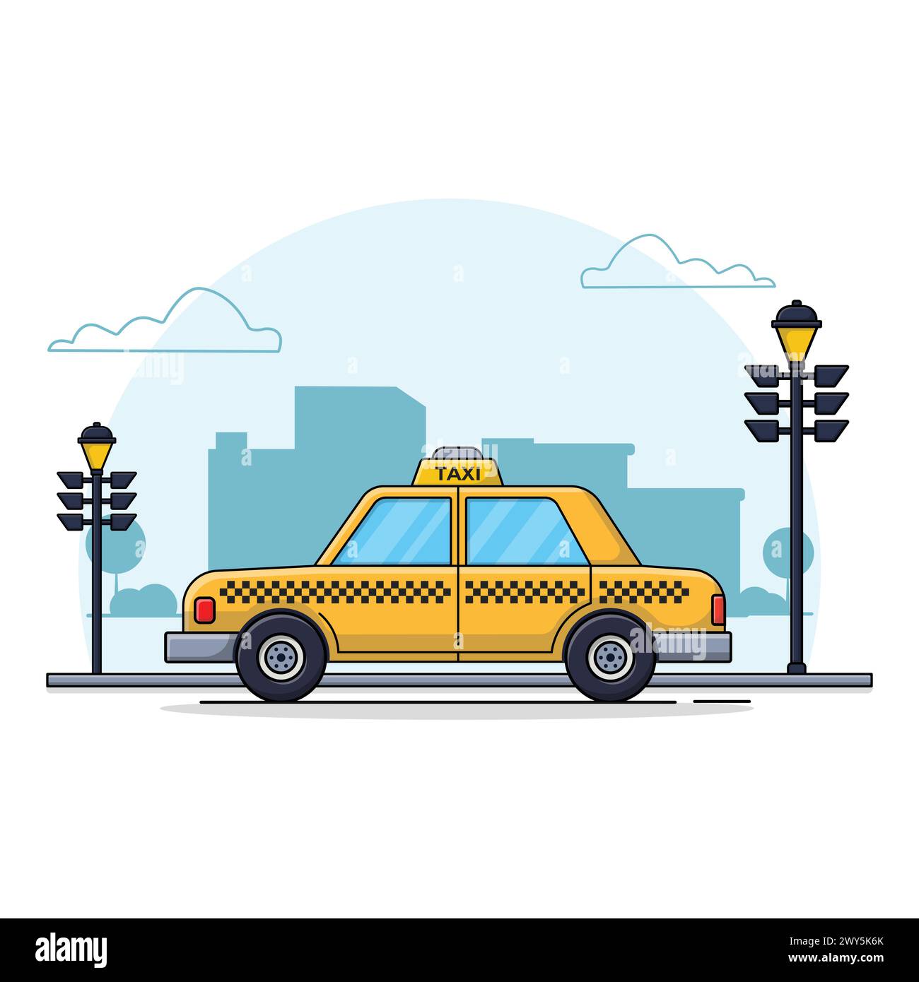 Yellow Taxi Car on City Vector Illustration. Taxi Service Concept Design Stock Vector
