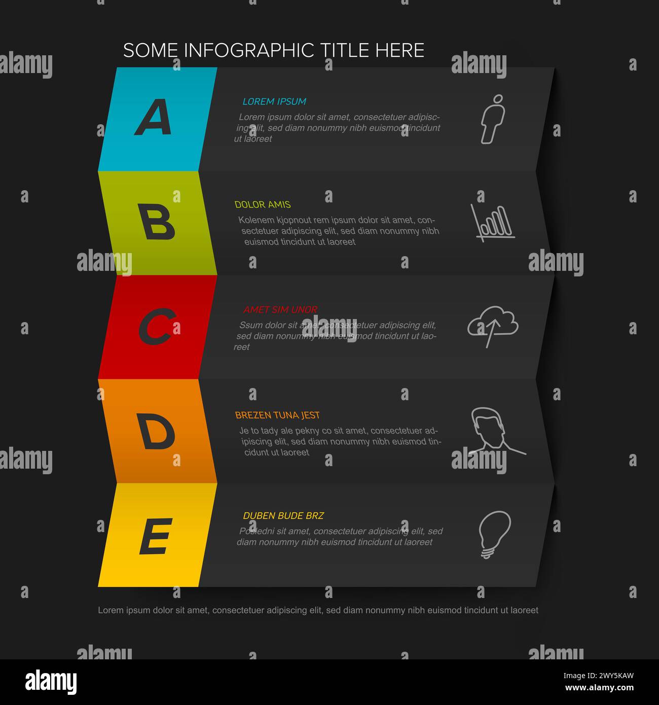 Five vector block steps options items template with descriptions, big ...