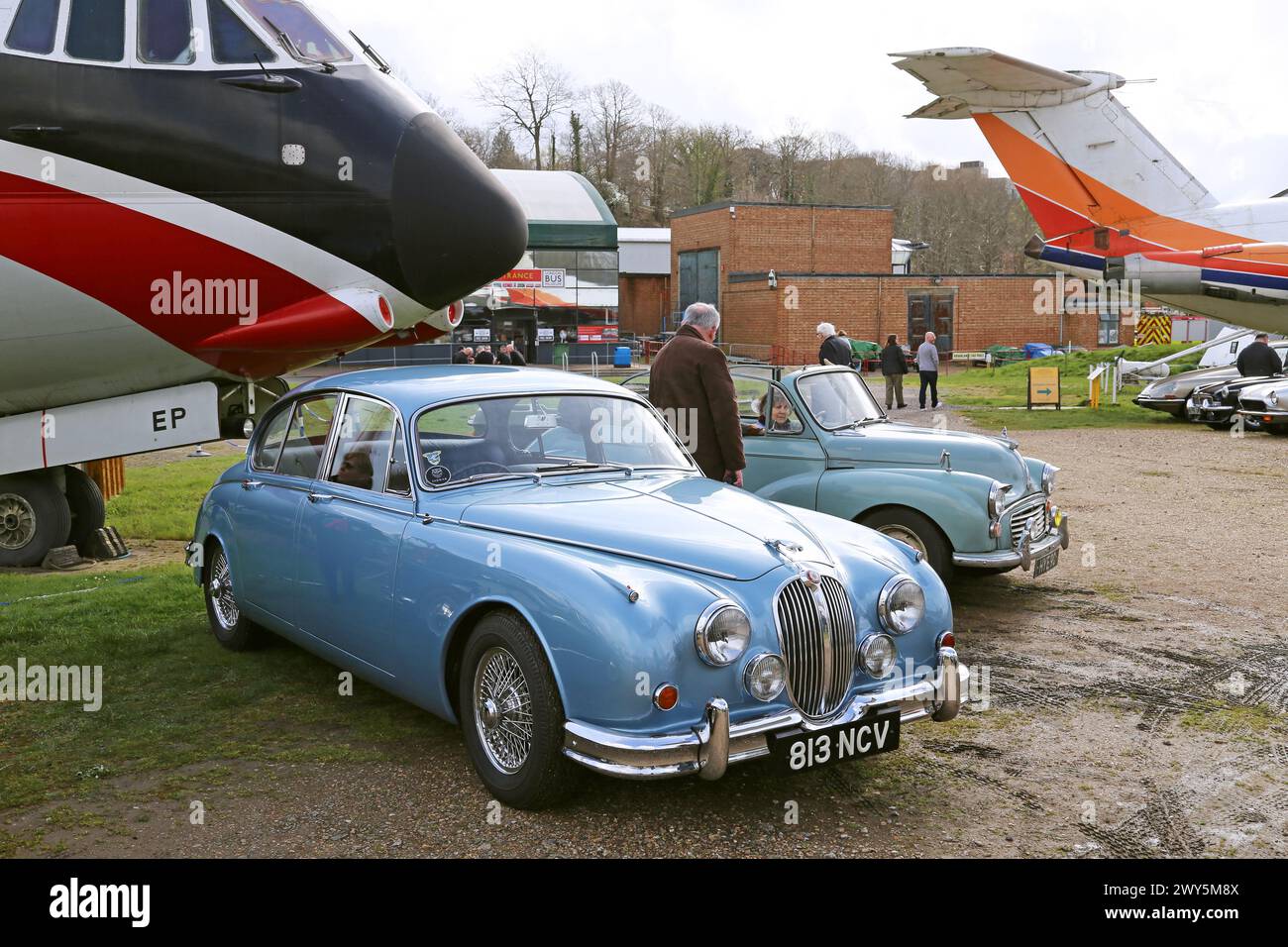 Jaguar S-Type (1962) and Morris Minor (1965), Easter Gathering, 30th March 2024, Brooklands Museum, Weybridge, Surrey, England, UK, Europe Stock Photo
