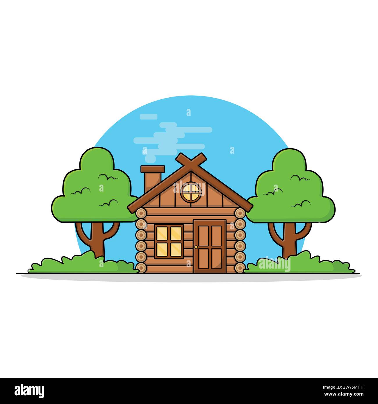 Wooden Forest Hut with Green Trees Vector Illustration Stock Vector