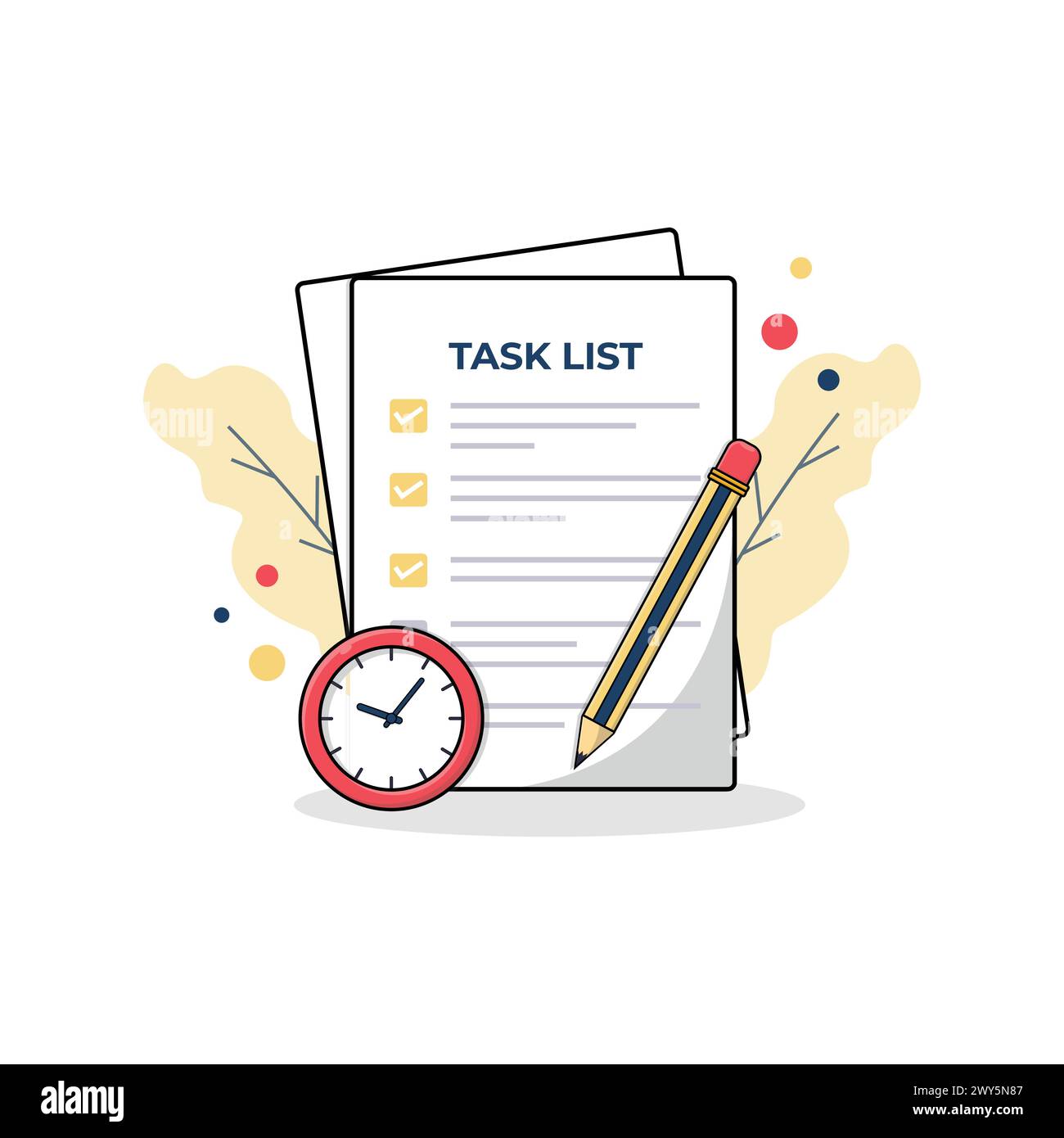 Task List with Clock and Pencil Vector Illustration. Work Process Concept Design Stock Vector