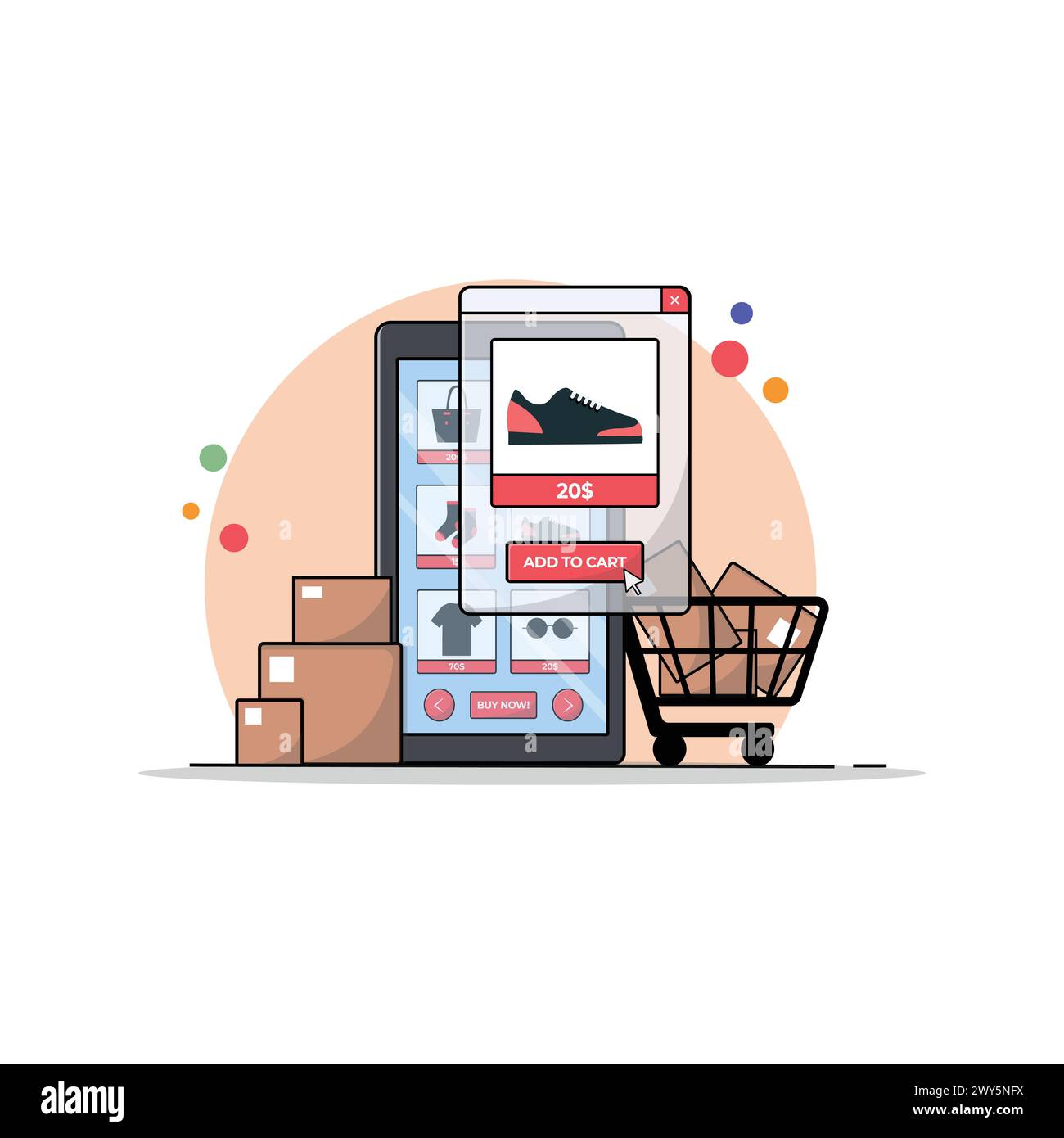 Buy Products from Online Web Store Vector Illustration. Online Shopping Concept Design Stock Vector