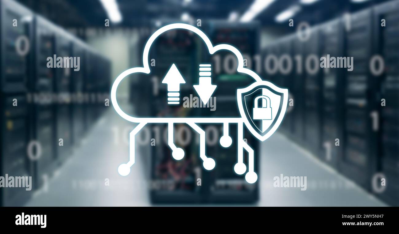 concept information securely in the cloud. cloud icon with circuits, shield and padlock on blurred background of servers Stock Photo