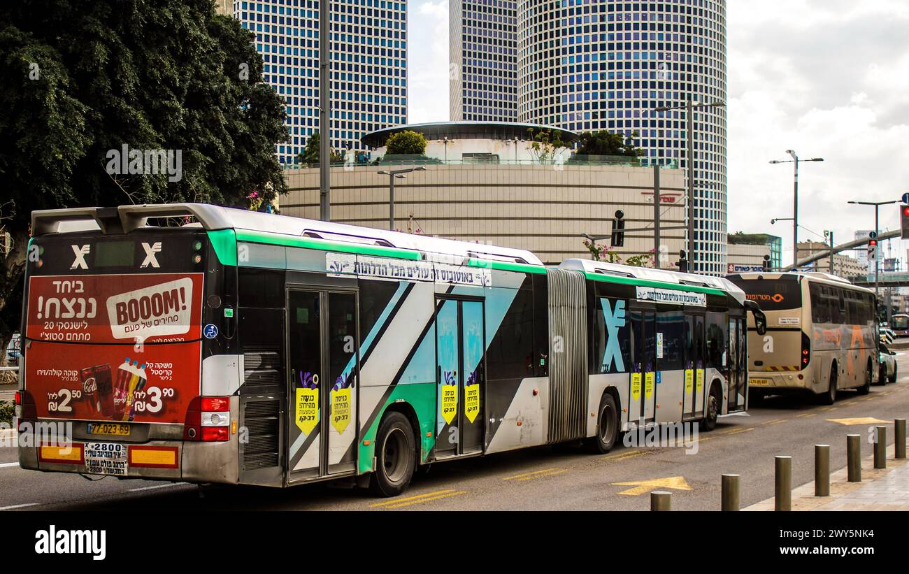Tel Aviv, Israel - January 28, 2024 Local bus driving in the downtown ...