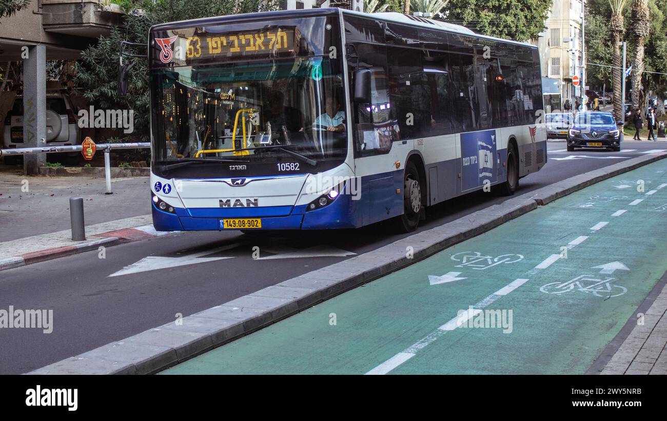 Tel Aviv, Israel - January 24, 2024 Local bus rolling in the downtown ...
