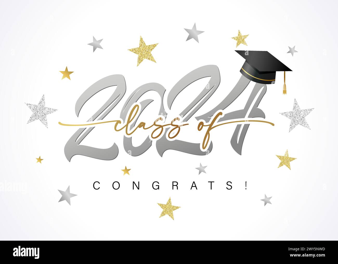 Class of 2024 Congrats, silver logo design, stars and lettering. Class of 2024 number and square academic cap. Vector illustration Stock Vector