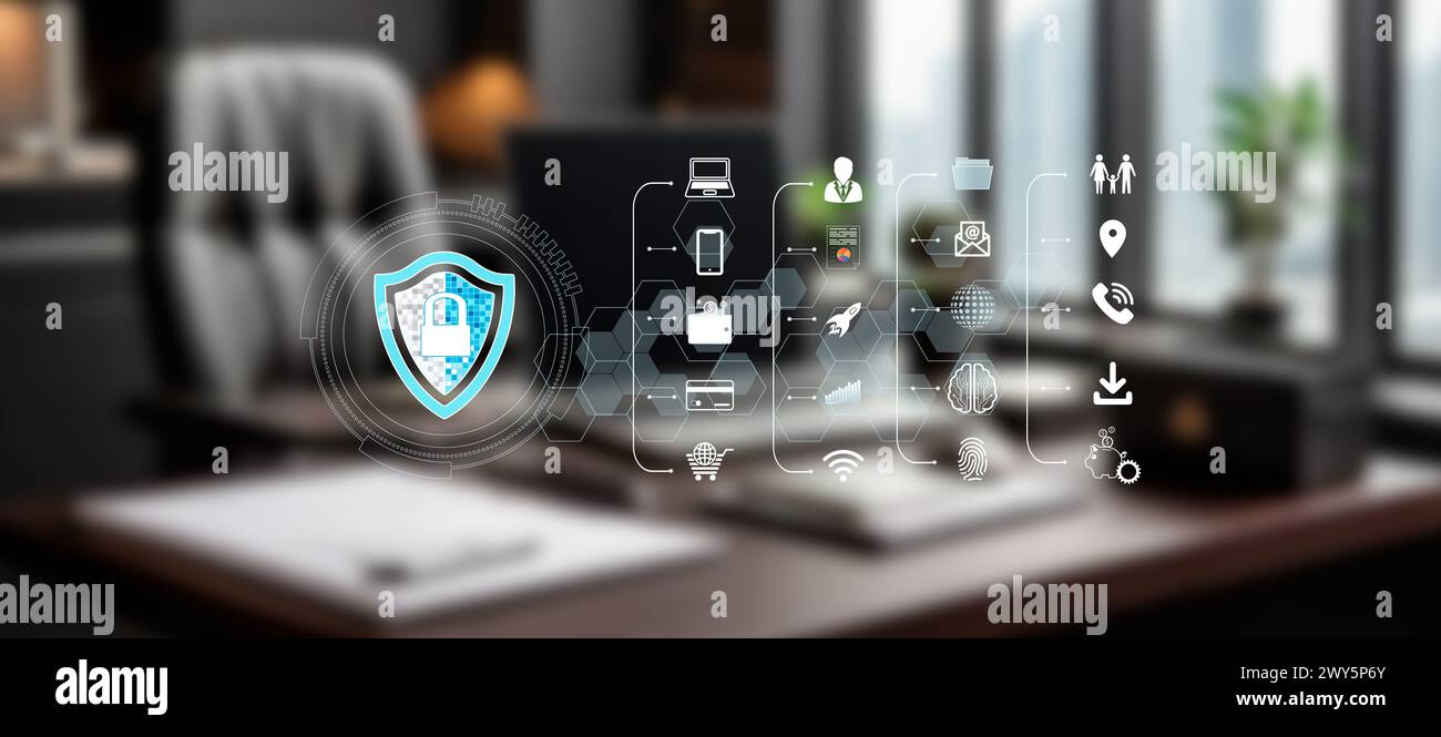hologram of financial and business data security icons. office background blurred. Stock Photo