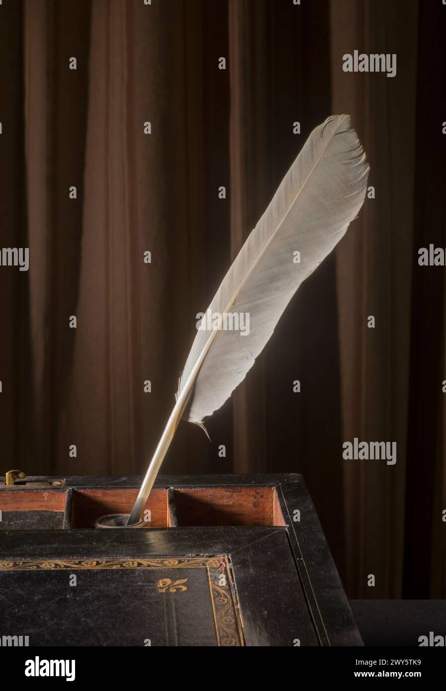 Goose feather quill pen in old-fashioned writing desk Stock Photo
