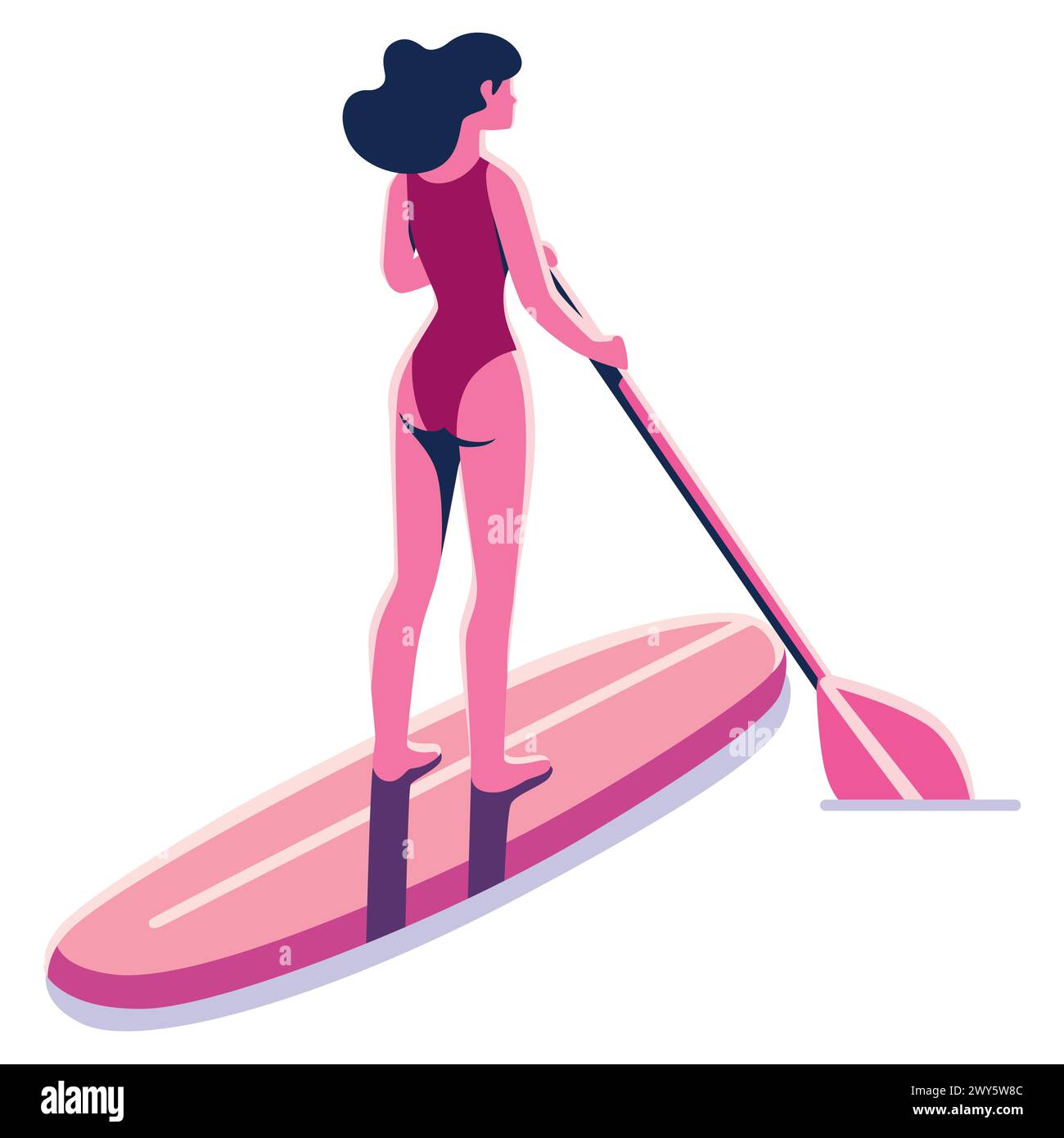Flat design illustration of a woman paddleboarding, isolated on white background. Stock Vector