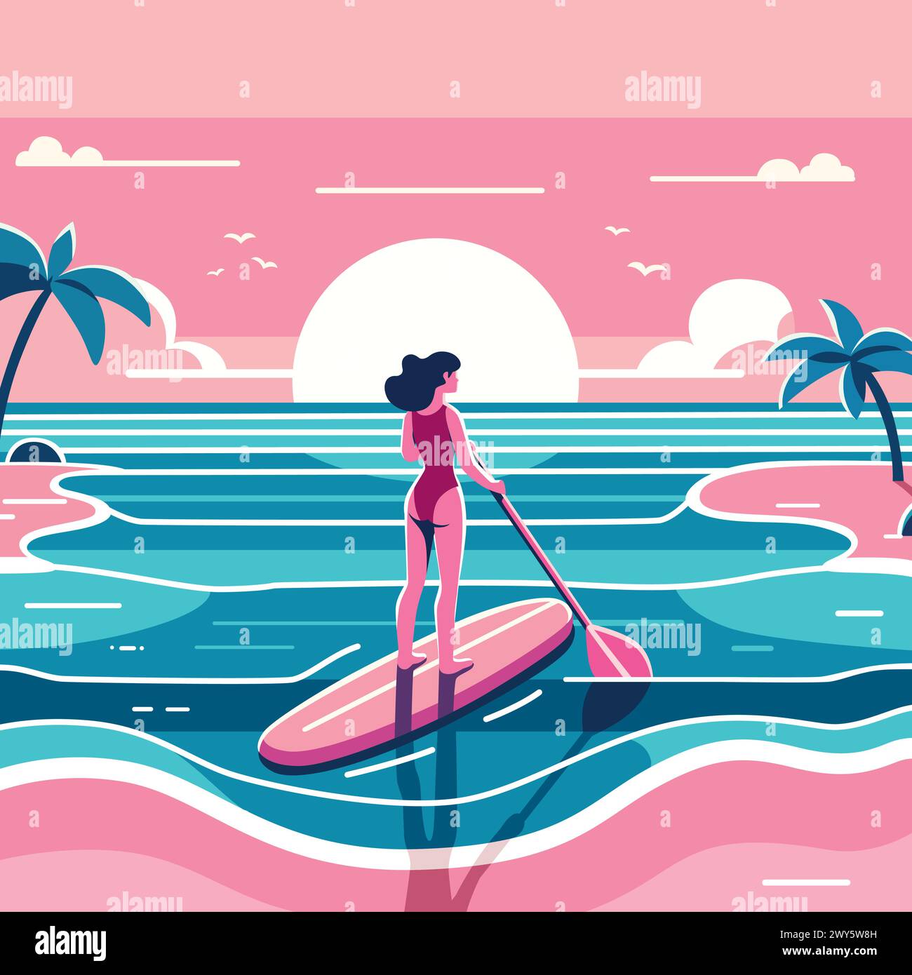 Flat design illustration of a woman paddleboarding at sunset with palm trees silhouetted against a pastel sky. Stock Vector
