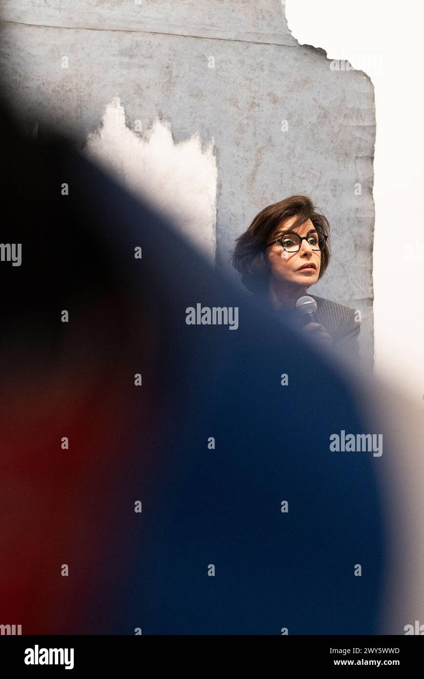 Ginals, France. February 22, 2024. Portrait of Mrs. Rachida DATI, Minister of Culture, in front of a work by Thierry Pecastaing. Stock Photo