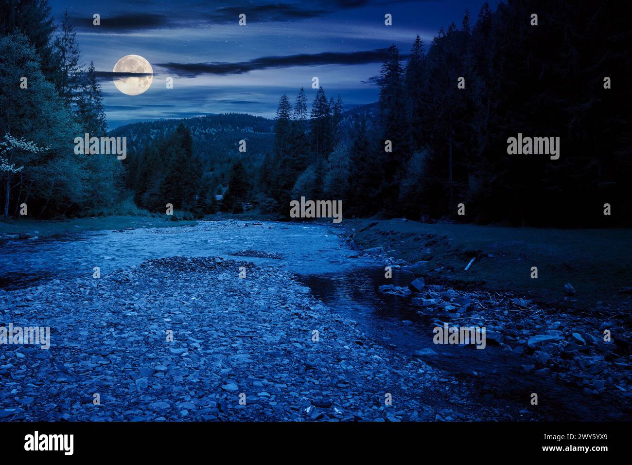 river flows through the valley of carpathian mountains at night. shallow water reveals stones. synevyr national park of ukraine in full moon light Stock Photo