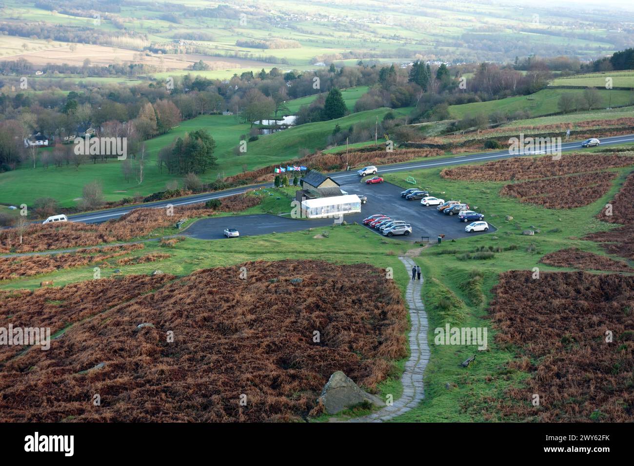 Café and Car Park from the Cow & Calf Rocks on the Ebor Way/Dales Way Link Path above Ilkley in the Yorkshire Dales National Park. Stock Photo