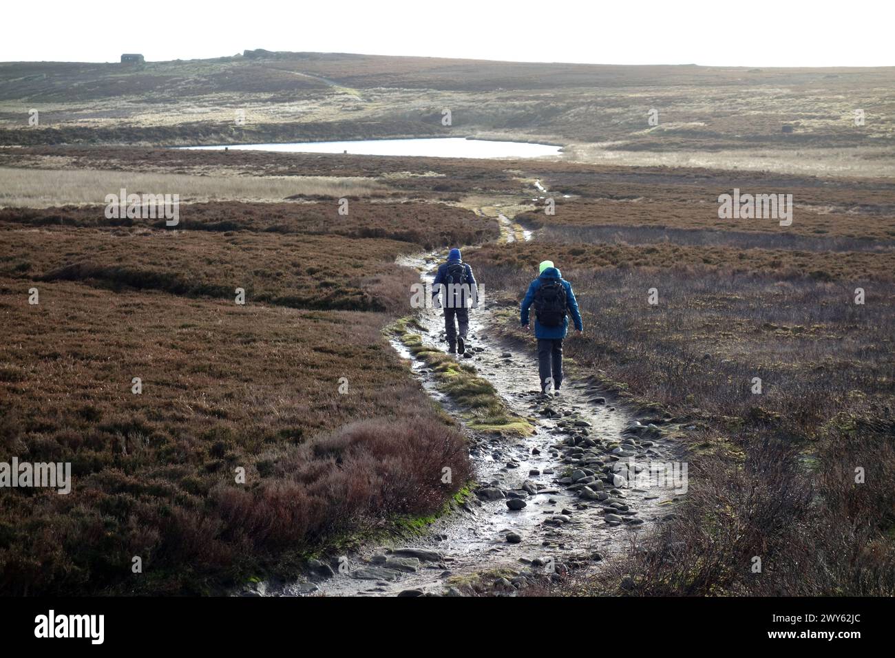 Two Men (Hikers) Walking on Path to High Lanshaw Reservoir on Burley/Ilkley Moor in the Yorkshire Dales National Park, England, UK Stock Photo