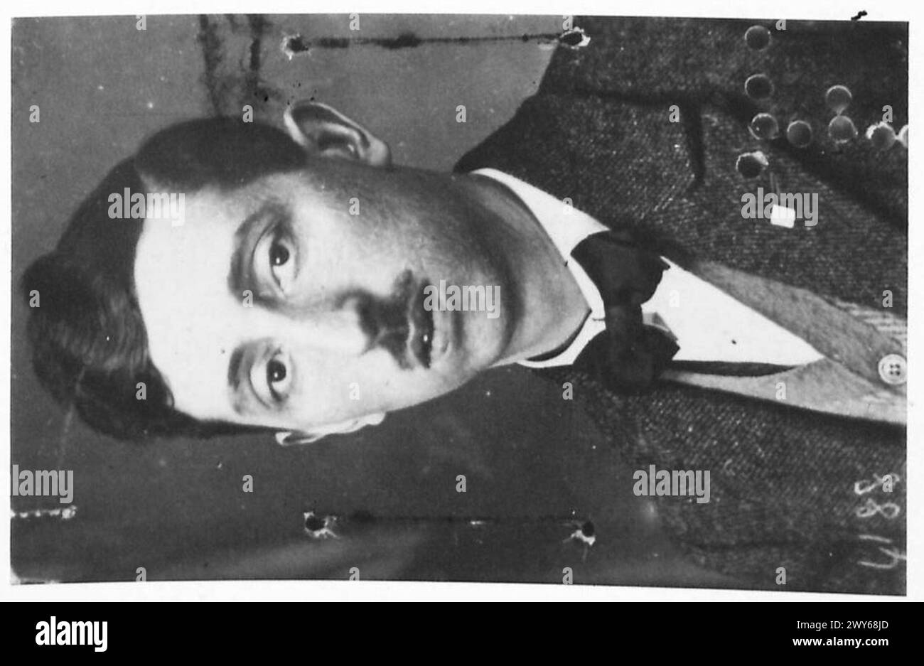 PICTURES OF GESTAPO VICTIMS SHOWING THE EFFECT OF THE TREATMENT METED OUT DURING THEIR IMPRISONMENT. - F. Van Hoecke, aged 52, imprisoned in Breedonck, accused of espionage. Picture shows him before his imprisonment, and… , British Army, 21st Army Group Stock Photo