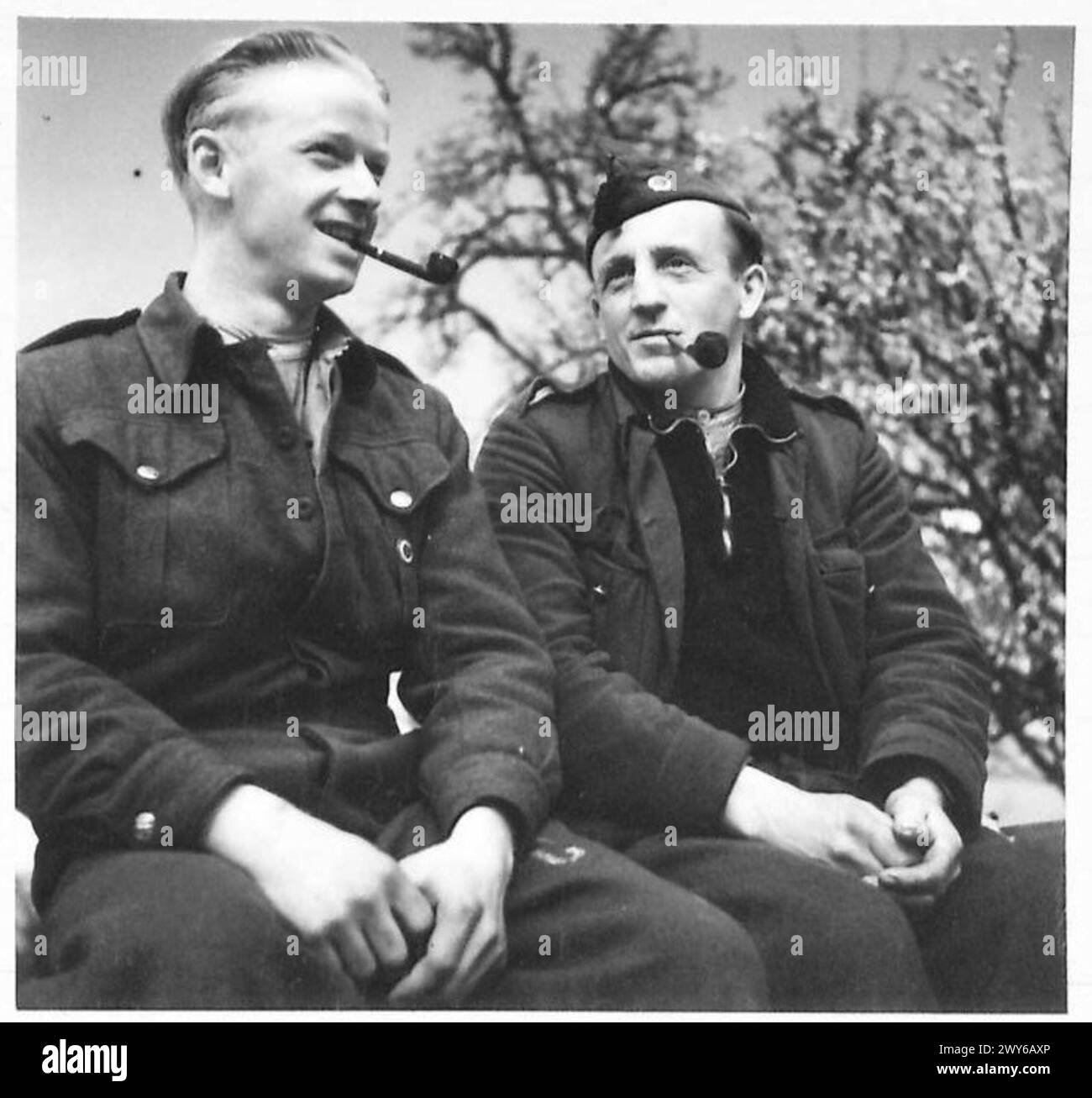 FREED FORCED LABOURERS - Two Belgian soldiers who have been freed by the British. , British Army, 21st Army Group Stock Photo