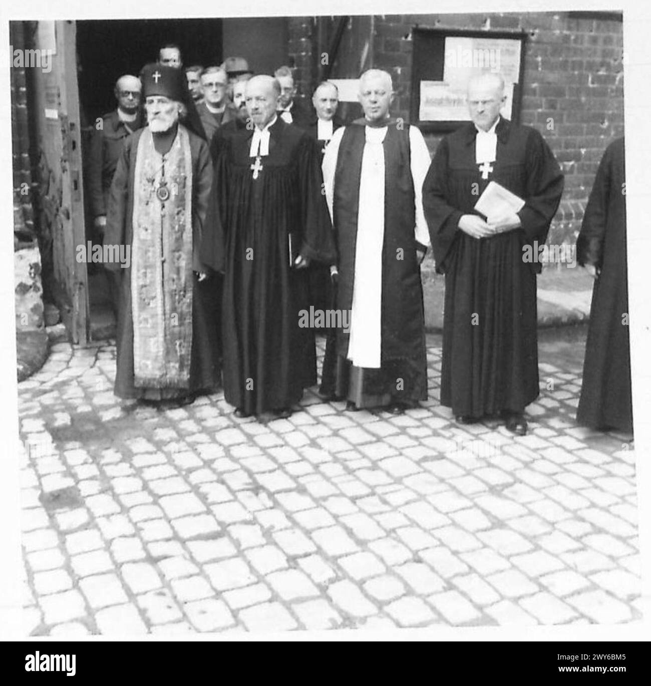 BISHOP OF CHICHESTER IN BERLIN - Group after the service in the Marienkirche, Berling, which was given in English, German and Russian. Left to right - Bishop Alexander [Russian Church] Bishop Dibelius [Protestant Bishop of Berlin] Dr. Bell [Bishop of Chichester Propst. Gruber. , British Army of the Rhine Stock Photo