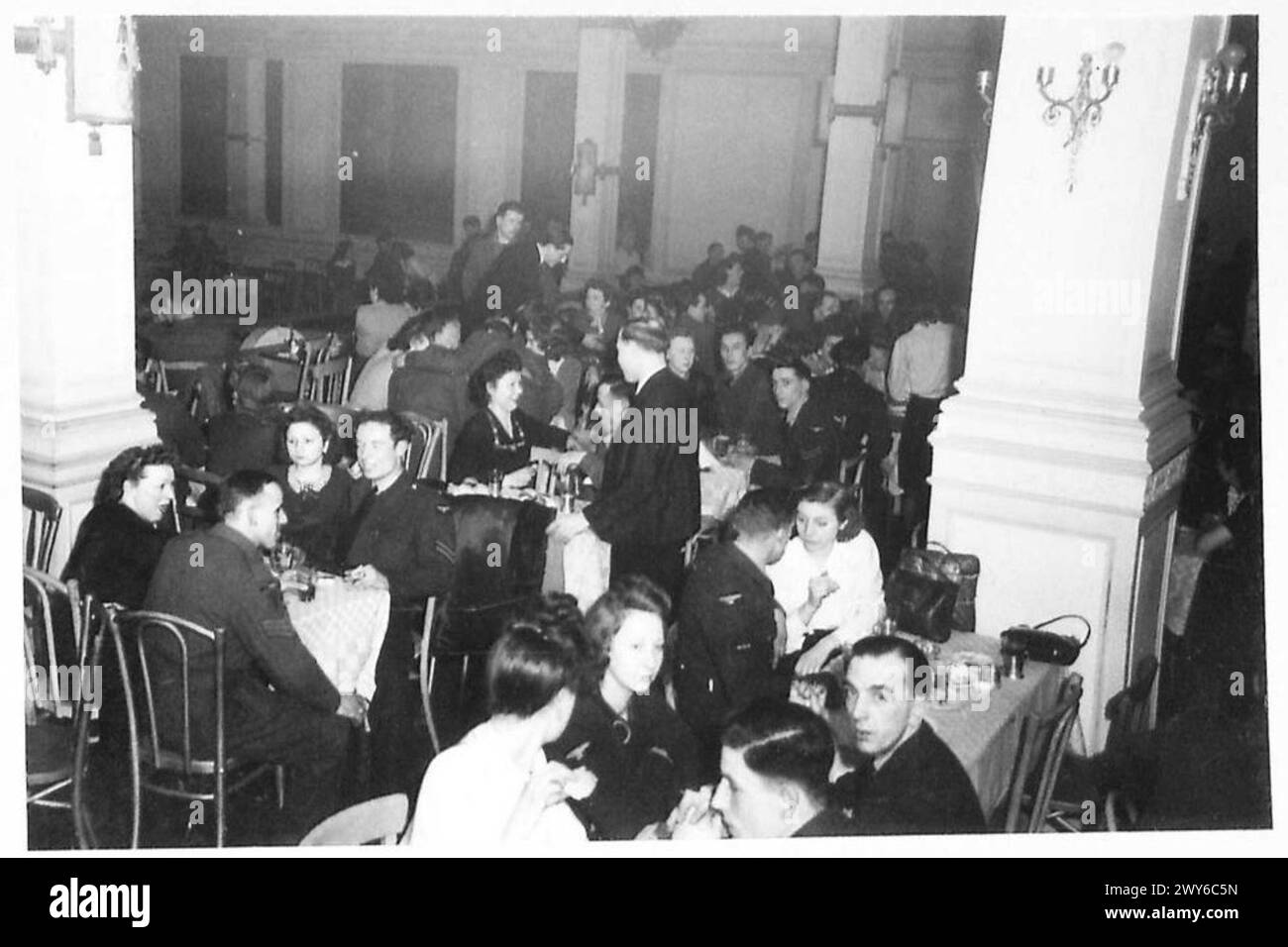 THE '21' DANCE CLUB, BRUSSELS - General view of the balcony where parties congregate, for refreshments - sandwiches, biscuits, tea, coffee, lemonade, etc. , British Army, 21st Army Group Stock Photo