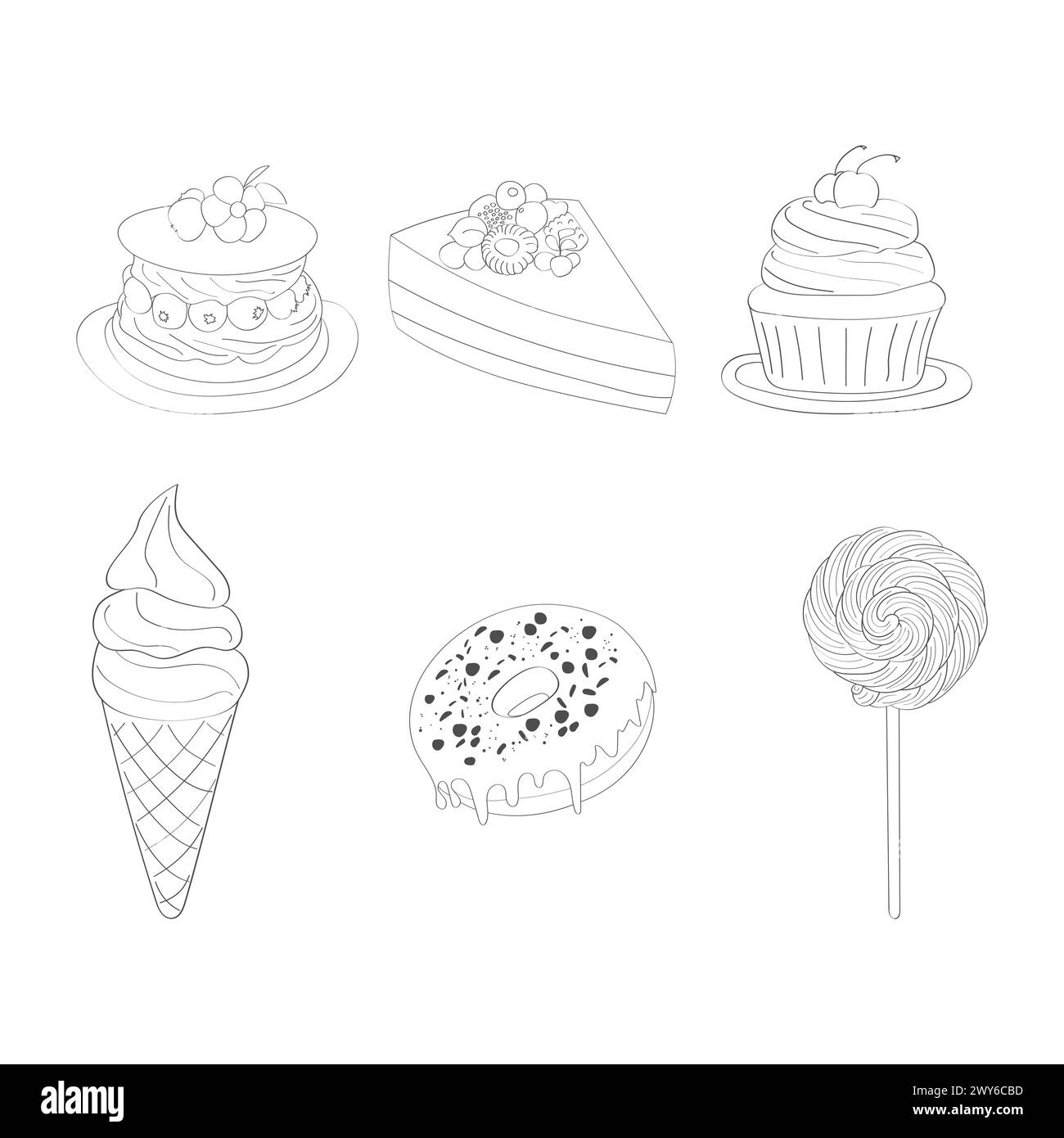 A detailed drawing shows various cakes and desserts, including cupcakes