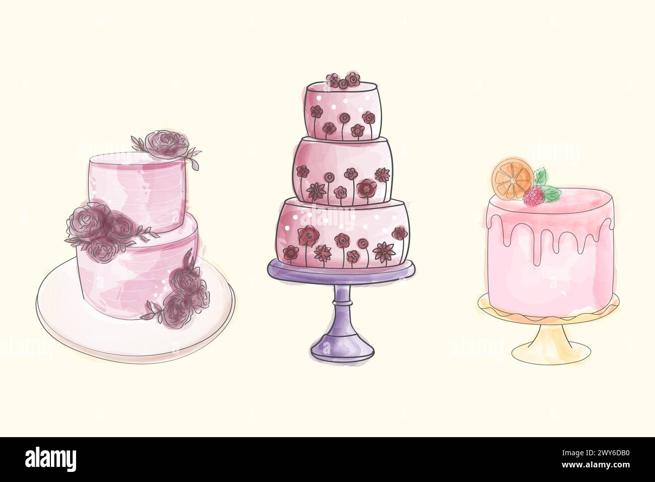Three different types of cakes are depicted in this drawing. Each cake is uniquely designed, showcasing a variety of flavors, toppings, and decorations Stock Vector