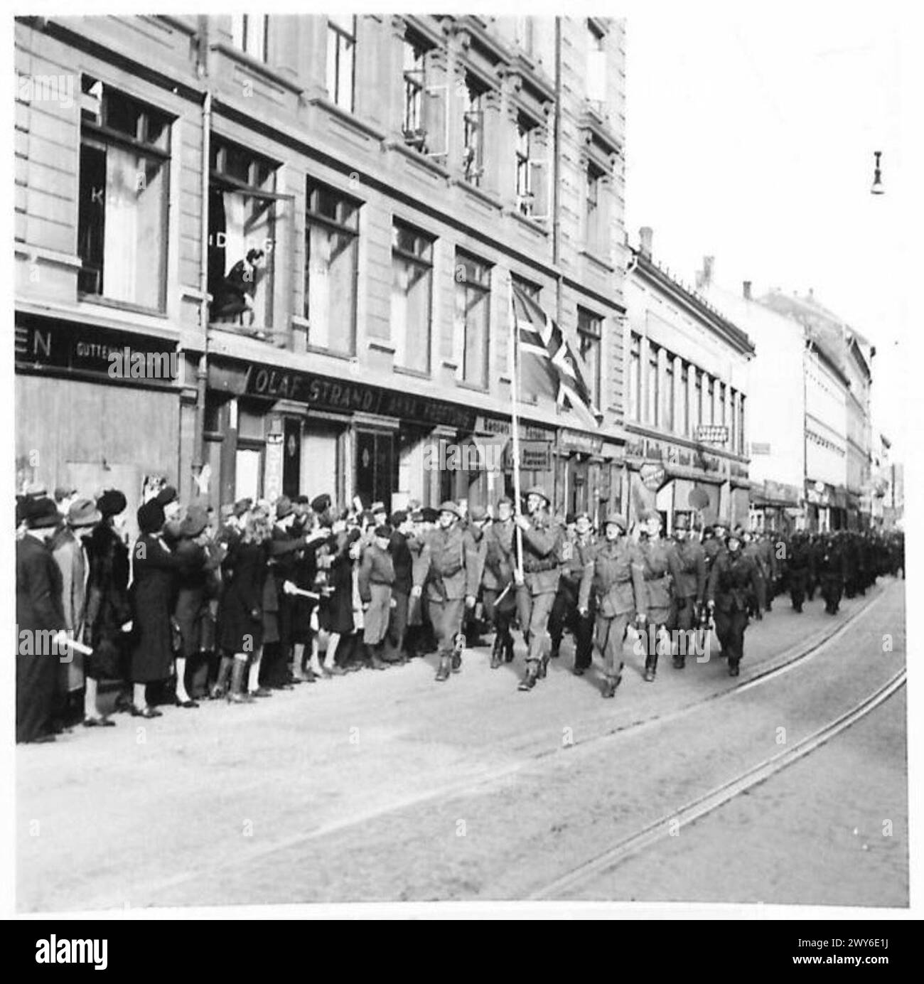 BRITISH TROOPS ARRIVE IN OSLO - Norwegian police who have been training in Sweden, since the German occupation arriving in Oslo. , British Army, 21st Army Group Stock Photo